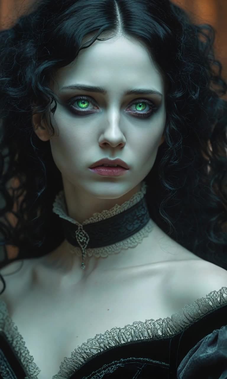 Woman with cascading black hair adorned in gothic attire pours her heart into a haunting melody Voice echoes powerfully like thunder resonating through a desolate forest Shadows dance around her as dark clouds swirl overhead Moonlight breaks through the branches illuminating her somber expression Eerie whispers carried by the wind enhance the atmosphere, creating an otherworldly vibe Mist rolls in from hidden depths, cloaking the scene in mystery Spectacular gothic architecture looms in the background, towering spires piercing the night sky Enchanting yet mournful energy envelops every note as she captivates unseen spirits