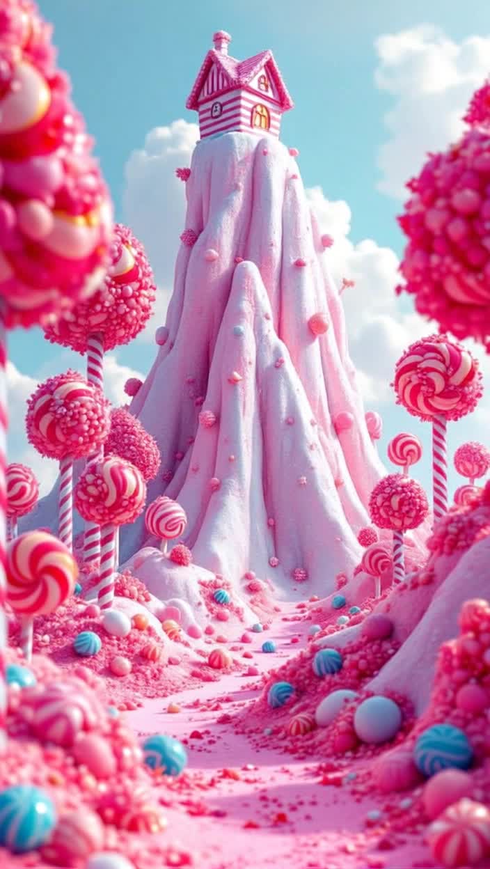 The candy mountain with the candy house and lollipop trees  