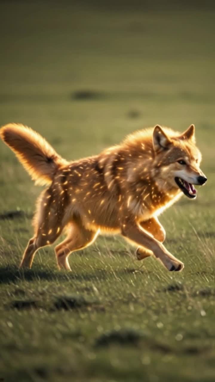 Majestic giant dire wolf with shimmering golden brown bioluminescent fur Full speed dash across lush grassy plains tail wagging in pure joy joyful expression radiating excitement Clear blue sky above with gentle breeze rustling the tall grass golden sunlight casting enchanting shadows on the ground vibrant wildflowers dotting the landscape creating a picturesque view of natures beauty