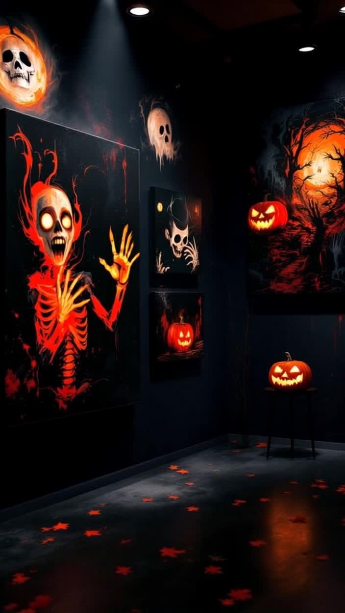 Halloween art exhibit gallery canvas acrylic paintings ghosts skeleton vampires pumpkins black and orange 
