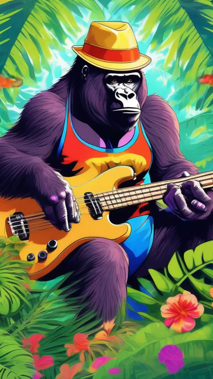 Vibrant gorilla with relaxed demeanor wearing a color shifting bucket hat plucking strings on bass guitar pulsating with rhythm amidst lush tropical foliage swaying gently under a kaleidoscope of bright colors beams of sunlight filtering through leafy canopies creating a dreamy atmosphere exotic flowers blooming in every direction sounds of nature harmonizing with melodic beats energetic butterflies fluttering around adding life to the serene scene