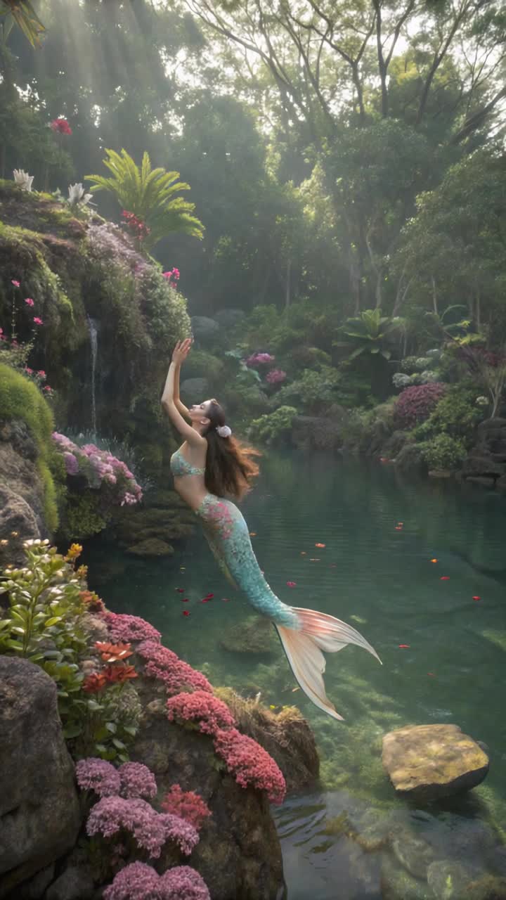 Mermaid dengan sirip panjang menari di sebuah lapangan hutan dekat kolam, dikelilingi bunga dan formasi karang