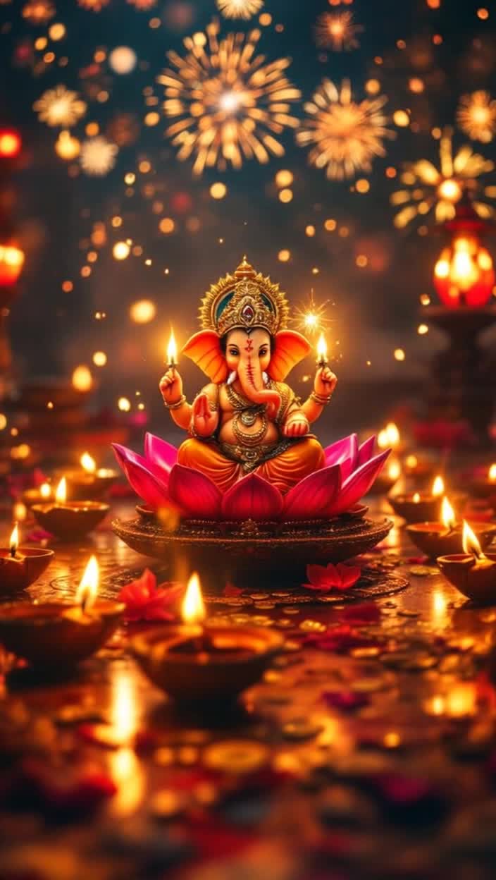 An enchanting gathering of vibrant earthen lamps illuminates the scene Each diya flickers with a golden flame revealing intricate patterns as music begins to play A majestic image of Lord Ganesha slowly emerges on a resplendent red lotus showered with divine light capturing every detail of his ornate attire Nearby Goddess Mahalakshmi appears radiantly on a white lotus surrounded by a cascade of golden coins and fragrant petals A festive Mandap unfolds in a background of flickering diyas as calm shlokas fill the air showcasing the spirit of Diwali Glorious fireworks burst to life displaying sparkling visuals culminating in an uplifting celebration of joy
