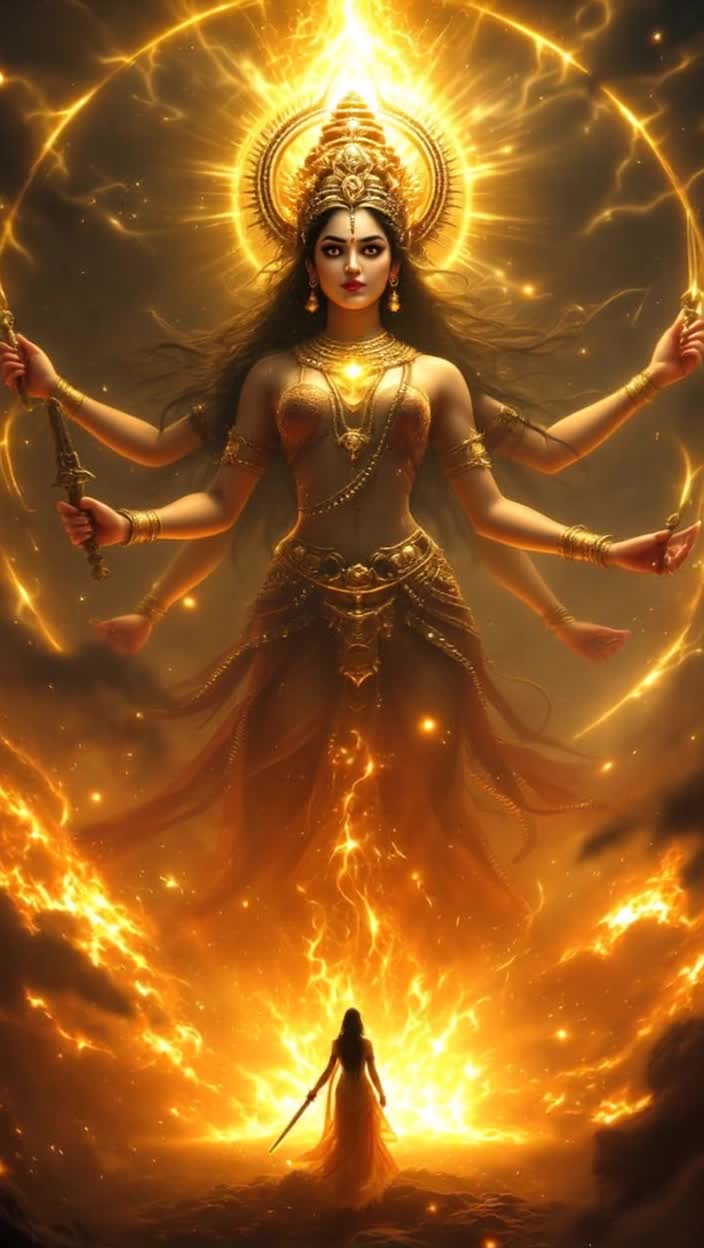 Majestic Goddess Katyayani radiates divine strength Four graceful arms wielding sword and lotus flower Action unfolds with powerful energy as chaos reigns below Demonic shadow of Mahishasura looms ominously Chaos distorts surroundings in darkened realm Swirls of smoke dance through the air Vibrant explosion of light erupts from trio of gods illuminating the scene Divine figure emerges in a whirl of radiance Calm yet fierce eyes gaze upon terror as music rises Dramatic confrontation begins as light dispels darkness Victory resonates in melody Goddess stands serene wrapped in divine aura as text appears on screen Celebratory notes echo Jai Maa Katyayani