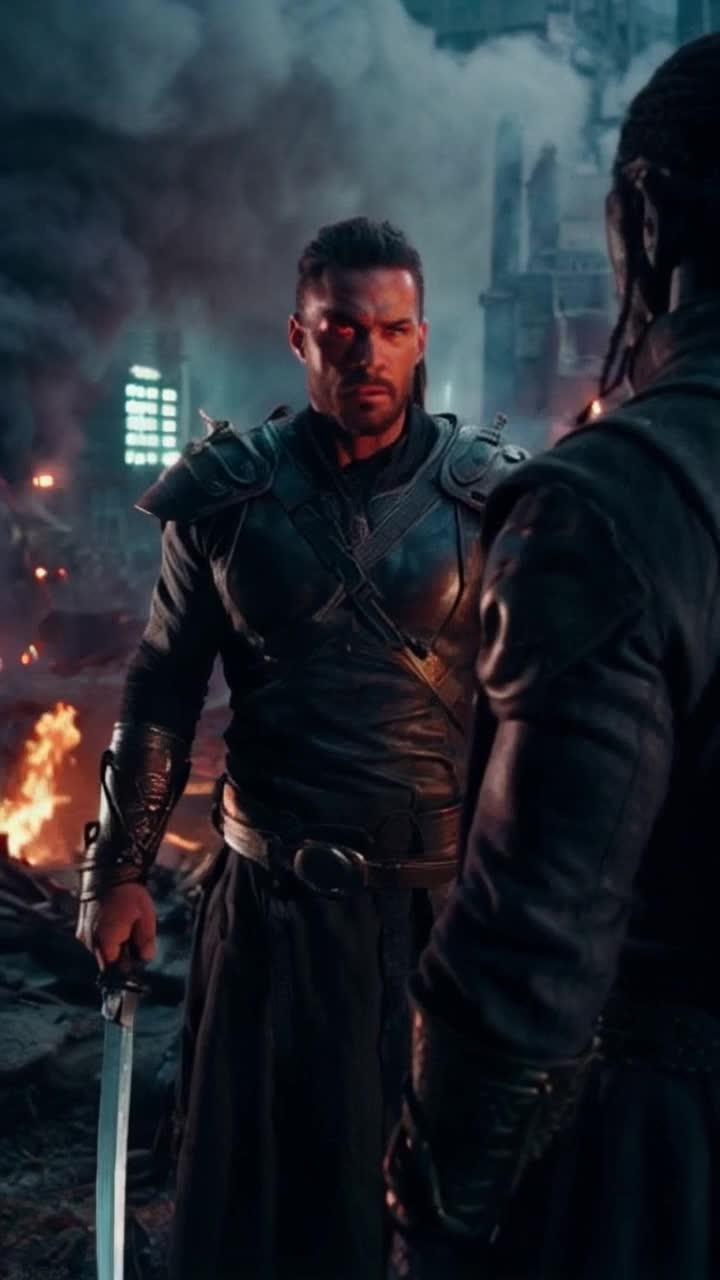 Confident warrior with fiery determination wielding a mighty sword challenges an ominous shadowy figure ready to engage in battle Epic clash of light versus darkness unfolds amidst a dystopian cityscape where flickering neon lights pierce through thick clouds of smoke shattered screens and twisted metal create a haunting backdrop