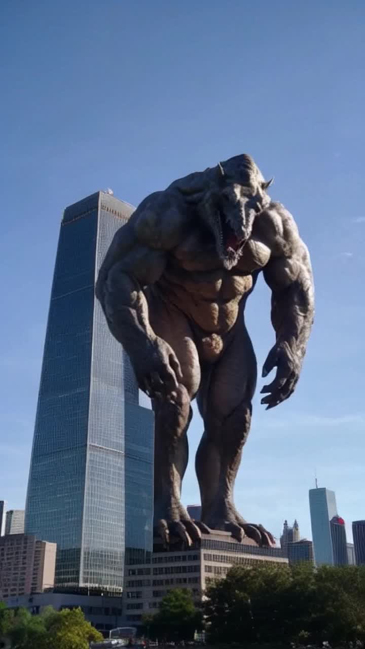 A colossal giant loomed against the skyline, its massive form bending low to rest against the towering skyscraper, the enormous structure trembling beneath the weight of its ancient body As the giant shifted, its shadow stretched across the city, blocking out the sun and causing chaos amongst the tiny inhabitants who scampered below in a frantic attempt to escape the looming threat With each powerful breath, the giants chest rose and fell like distant thunder, a reminder of natures dominance and the extreme scale of its existencePhotorealism