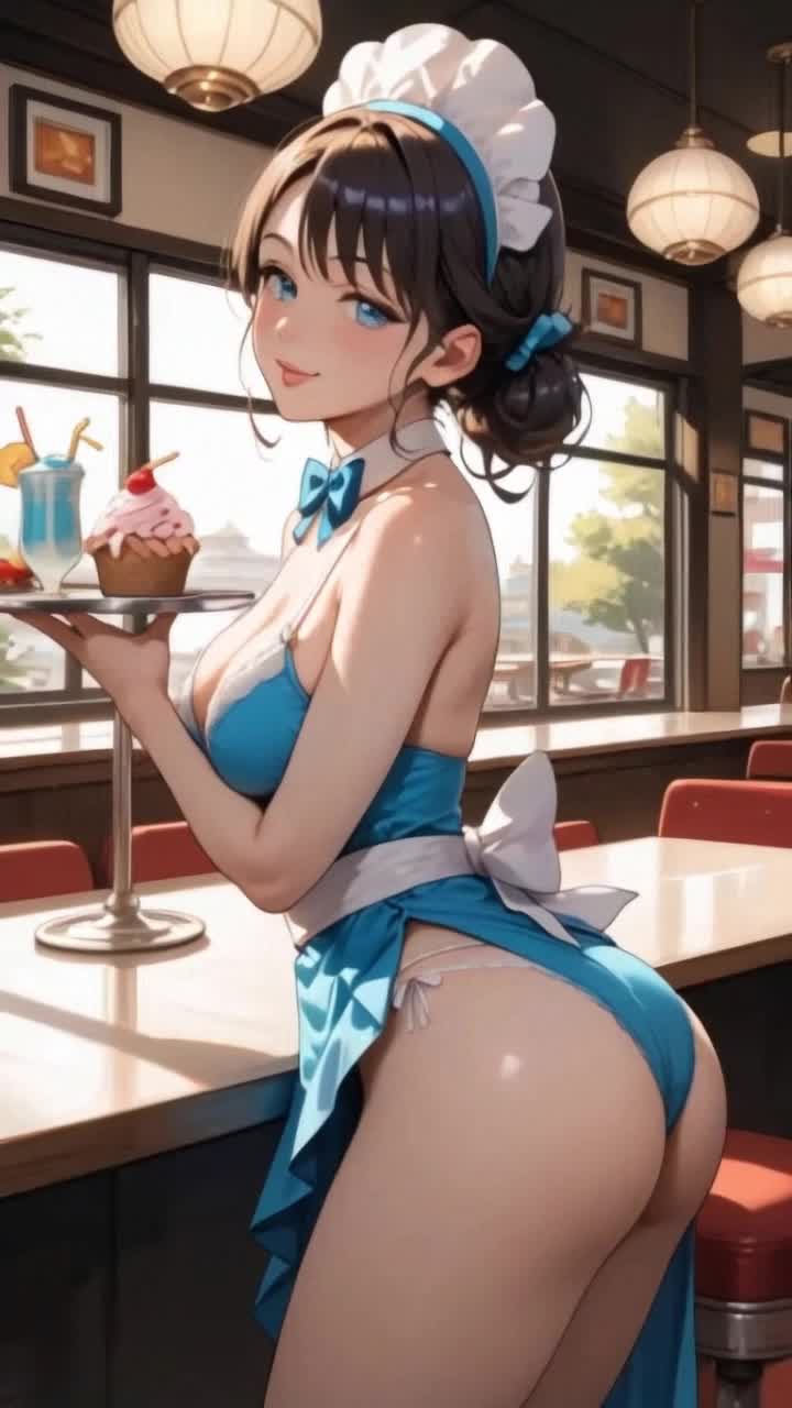 beautiful woman waitress turning to the viewer and handing a tray full of ice cream desserts in a high end fine dining restaurant 