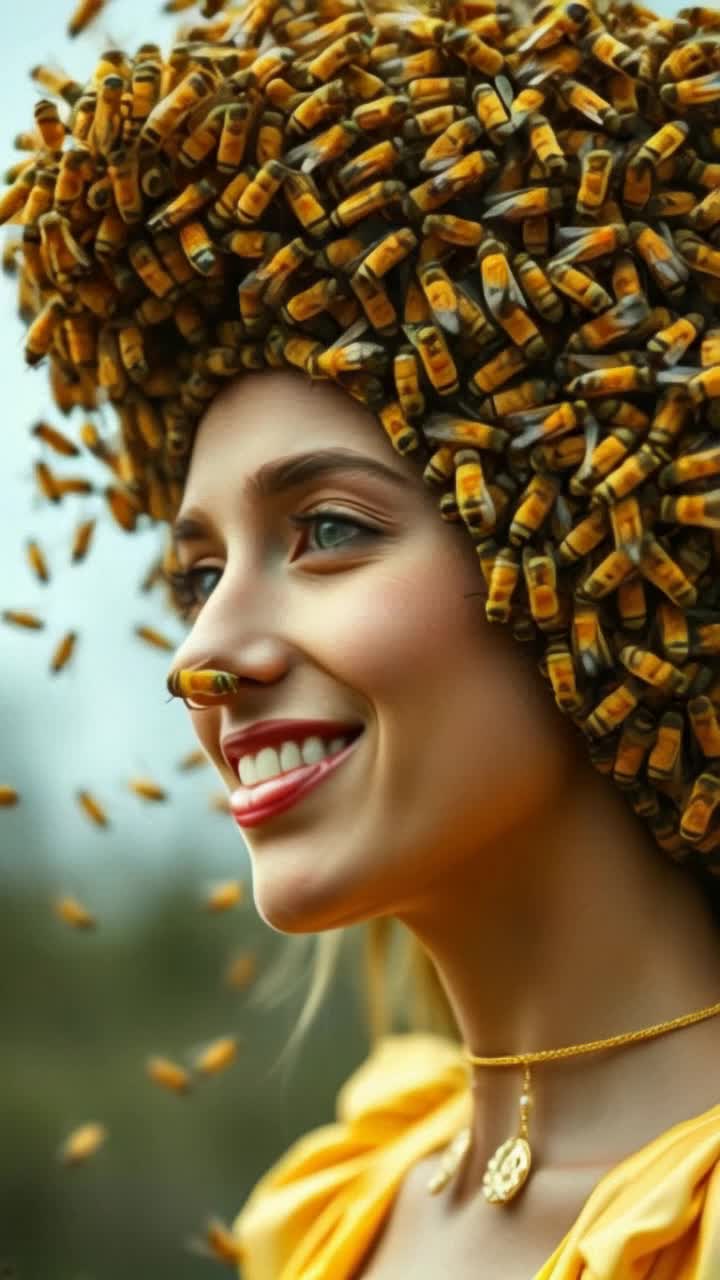 Millions of bees busy buzzing on womans  hairless head, and they form a moving beehive wig, bee wig is making her sing exuberantly as one individual bee flies off from her nose perch and fills the screen in the foreground 