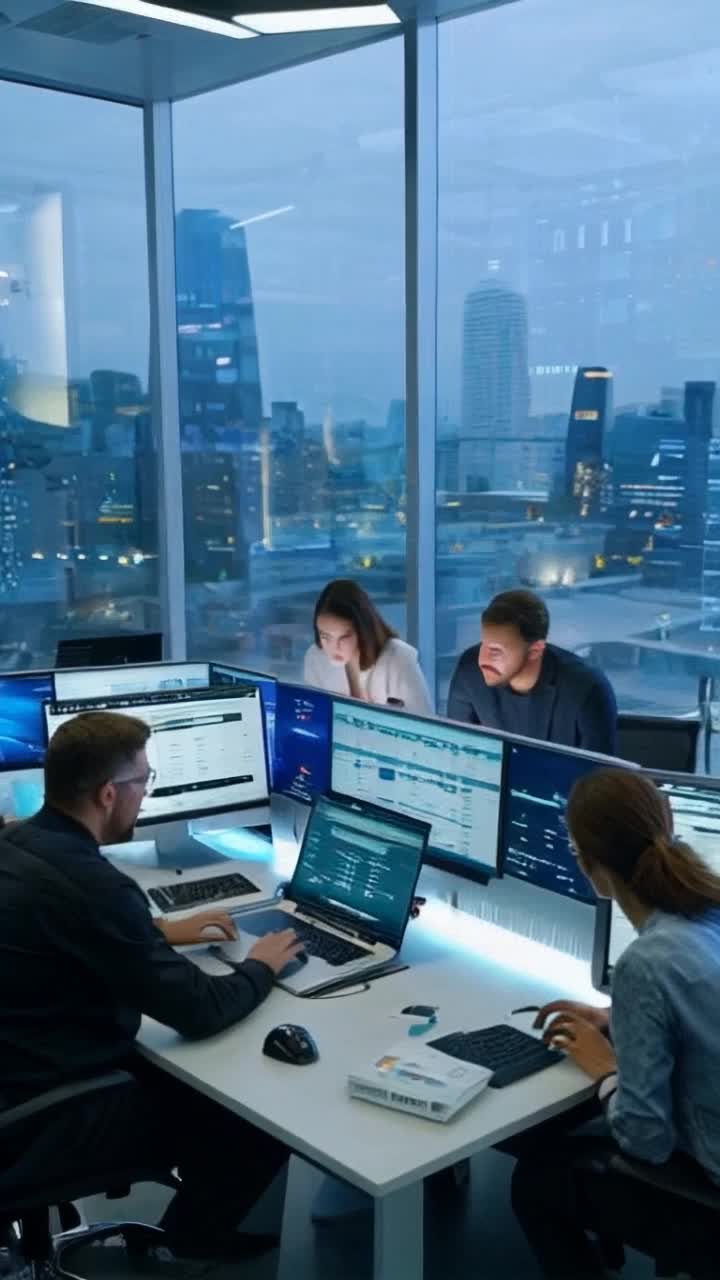 Futuristic office filled with diverse team members collaborating intensely on sleek digital devices Crafting innovative technology solutions with dynamic energy Surrounding hightech screens displaying data analytics and software designs Modern city skyline visible through expansive glass windows showcasing bustling urban life with flying drones and vibrant lights