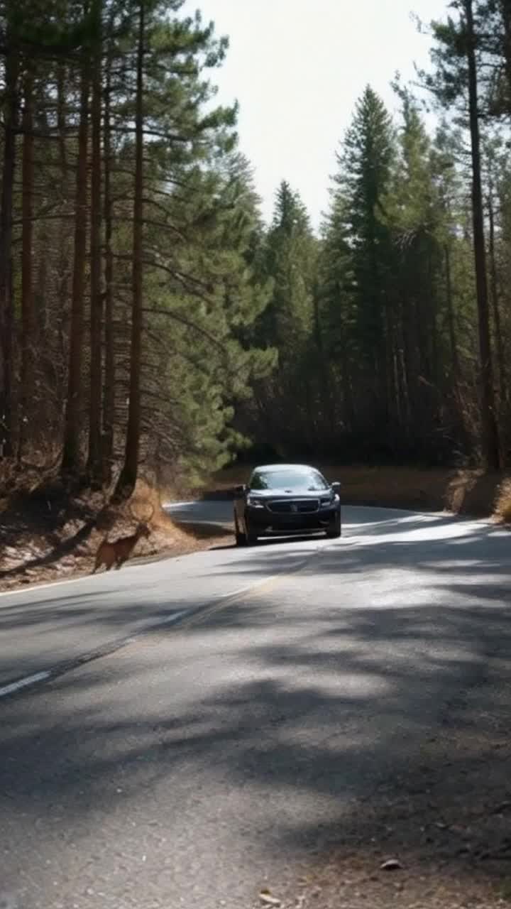 Sleek black Vectra C racing down winding forest road sweeping curves at high speed sudden collision with startled whitetailed deer leaping into path crunching of bones metal crunching sound vivid display of shock and adrenaline vibrant green trees blurred in motion sunlight filtering through branches illuminating scene natures beauty colliding with urban speed a moment frozen in chaos wildlife versus machine as dust settles on asphalt