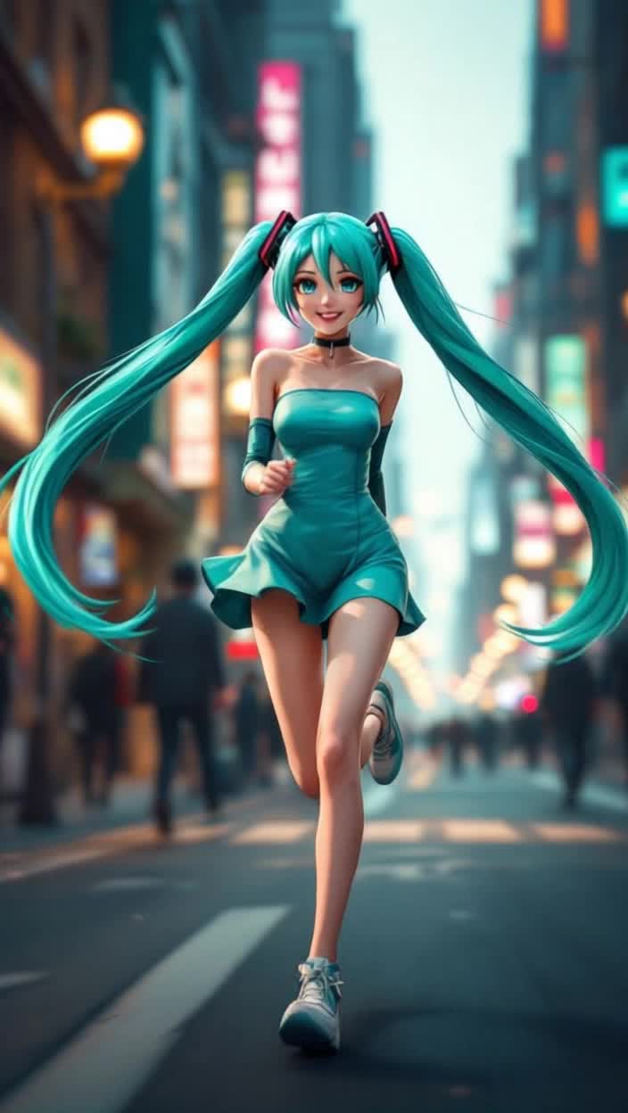 Slender and beautiful Hatsune Miku with long turquoise twin ponytails wearing a turquoise minidress, she cheerfully runs from a distance and directly toward the camera as if running to the viewer