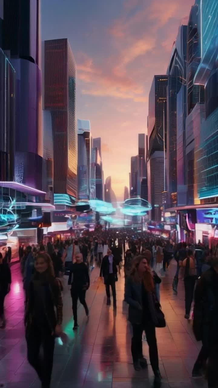 Futuristic cityscape filled with sleek buildings glowing with neon lights bustling crowd of diverse citizens wearing cuttingedge fashion moving dynamically through the streets vibrant holographic advertisements flickering above flying vehicles zipping through the skyline at dusk warm hues of sunset blending with the cool neon colors creating an electric atmosphere