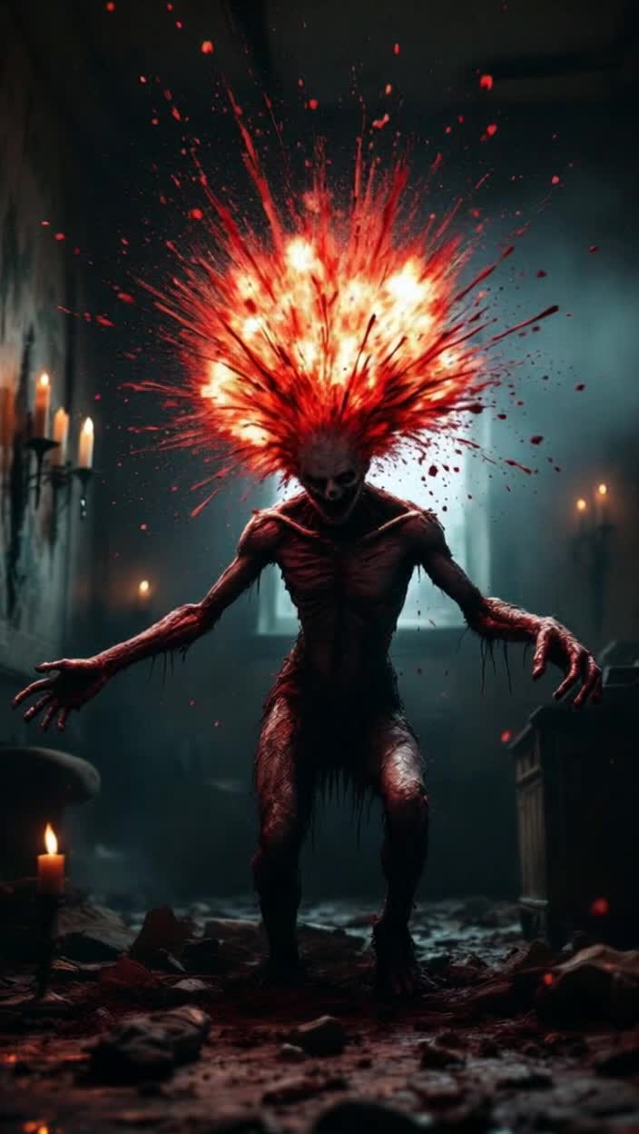 Grotesque zombie with decaying body and vacant eyes stands hunched in shadows  Head suddenly explodes in an explosion of crimson as loud gunshot reverberates  Dimly lit room filled with flickering candlelight revealing peeling wallpaper and broken furniture