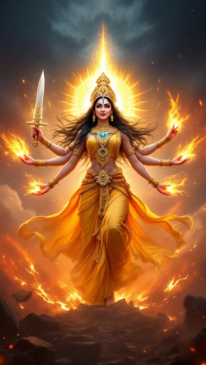 Majestic Goddess Katyayani radiates divine strength creating a powerful presence in a vivid animated reel Chaos surrounds her as the ominous shadow of Mahishasura looms generating destruction and dread Lights ignite capturing the fury of Brahma Vishnu Mahesh transforming into a radiant figure with swirling brilliance A serene yet fierce closeup unveils Katyayani her four arms embracing a sword and lotus symbolizing power and peace Darkness retreats as she triumphantly dispels evil with divine light The scene transforms revealing tranquility as she smiles softly invoking worshippers on Navratri capturing the essence of devotion with grandeur and beauty