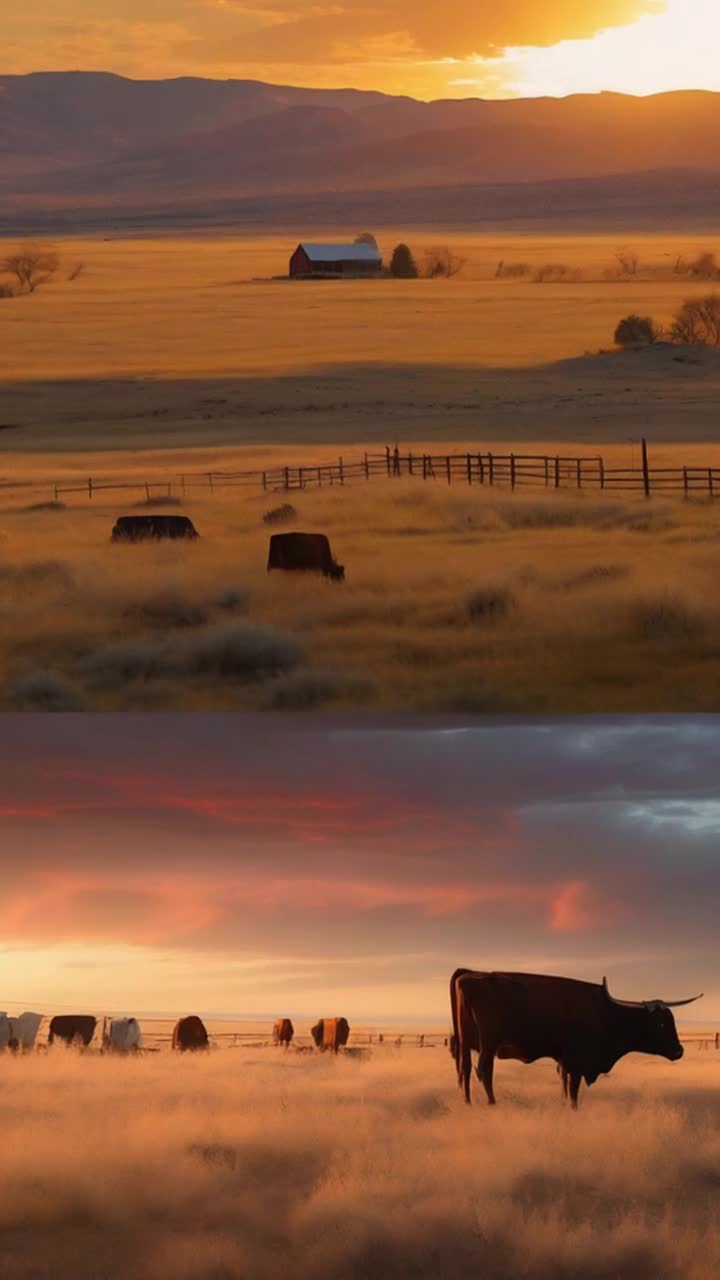 A quiet, wide ranch under a golden New Mexico sunset Wind gently rustles tall dry grass  Cattle graze peacefully beneath a vast, cloud streaked sky The air hums softly with heat Camera slowly pans across barbed wire fences, a weathered red barn, and an old farmhouse Then, a sudden slow zoom on the horizon something strange, a faint glint in the sky