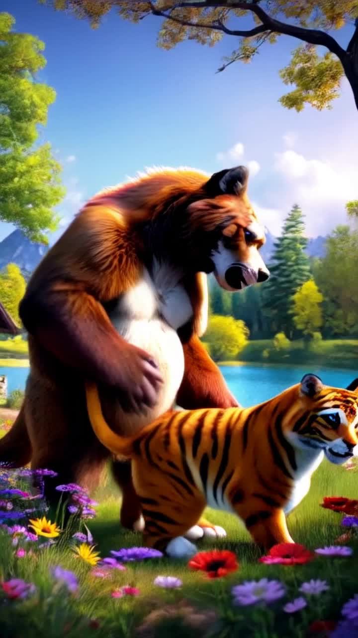 Majestic anthro male Russian bear towering over playful female anthro tiger radiating joy and affection in their expressions Graciously lifting tiger with tender care Muzzle gently caressing her neck conveying warmth and love Surrounded by vibrant wildflowers swaying in a gentle spring breeze Lush green trees standing tall against bright blue skies Sparkling lake shimmering under sunlight reflecting natures beauty Charming rustic cabin nestled among trees emanating cozy tranquility Soft sounds of nature creating a harmonious backdrop enhancing the scene