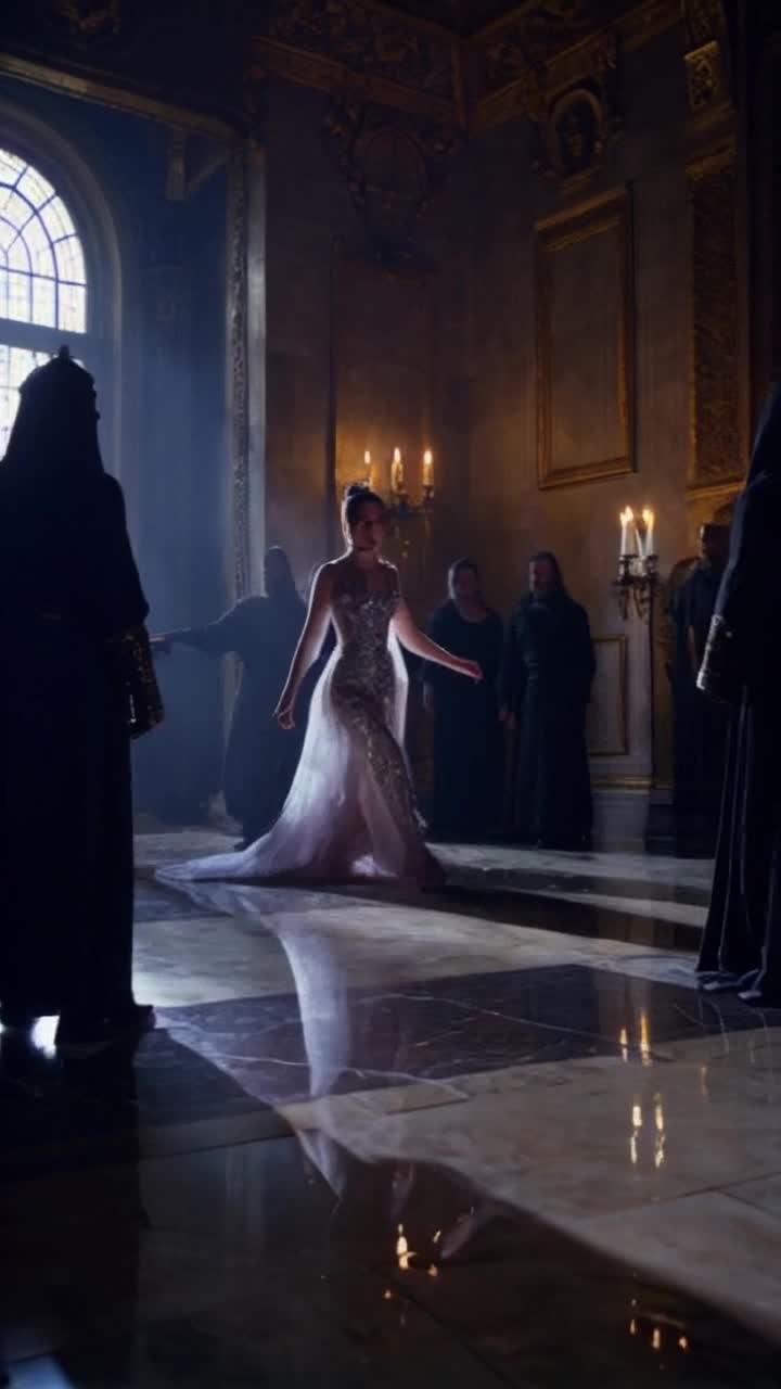 Regal Princess of Spades adorned in shimmering attire, fierce determination illuminating her eyes, relentless figures cloaked in shadows advancing menacingly, elegant movements flowing like water, gliding effortlessly across polished marble, spirals of fury creating an enchanting spectacle, dimly lit grand hall echoing with tension, flickering candles casting flickering shadows on ornate walls, deep hues contrasting with vibrant fabrics, whispers of history filling the air, a feeling of impending conflict hanging heavy, swirling dust catching glimmers of light, heartbeats synchronized with the dance, an unstoppable force in a battle for home