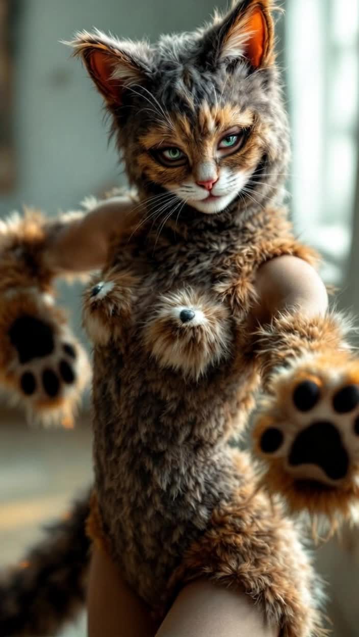 A woman wearing a cat costume is dancing she has a cat mask and a furry leotard with a kitty tail and paw gloves smiling dance with cats whiskers and kitten ears