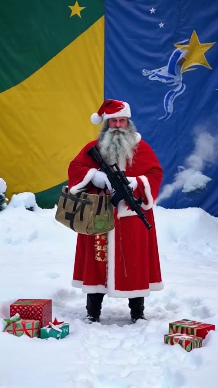 A cinematic shot of St Nicholas with a yellowblue flag of Ukraine in the background St Nicholas has a large white beard and a traditional headdress He holds a machine gun in one hand and a full sack of presents in the other The gifts are spread out on the snow next to St Nicholas On the ground covered with snow, one can see footprints leading to St Nicholas Snow is falling, and snowflakes are swirling in the air On the bag is an image of a blue snake, the symbol of the year 2025, and the inscription Happy New Year