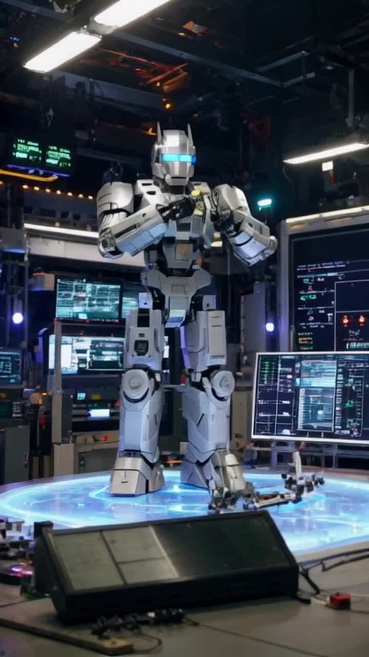 Colossal robotic figure with gleaming metallic surfaces focused on assembling limbs and intricate circuits with precise fluid motions High-tech workshop buzzing with the hum of machinery illuminated by glowing electric sparks showcasing futuristic tools and glowing screens