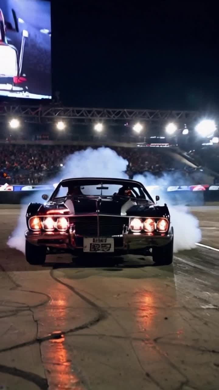 Sleek hotrod gleaming with polished chrome engines roaring aggressively enthralling onlookers in awe  
Surges forward cutting through thick clouds of vibrant smoke dancing in the air  
Exciting atmosphere of a packed racetrack pulsating with neon lights reflecting off steel structures jumbotrons flashing electrifying visuals