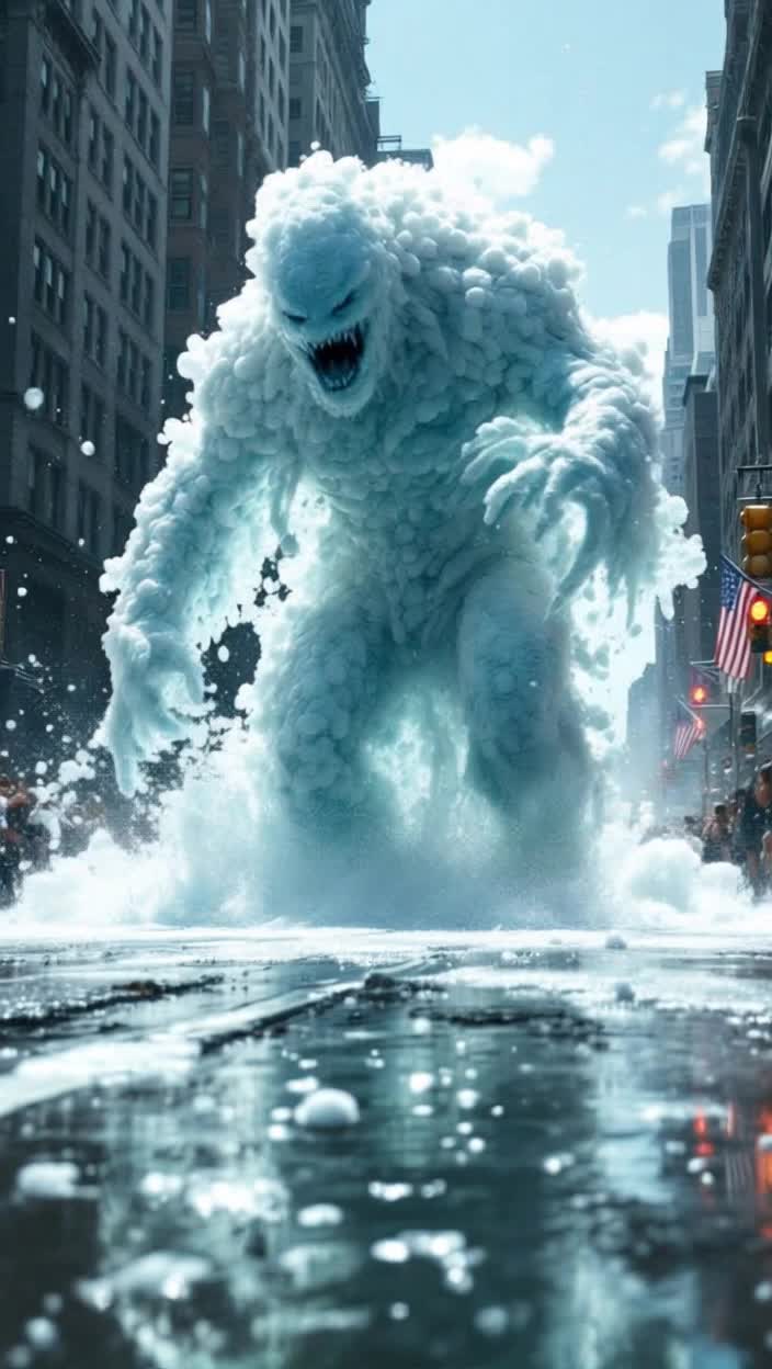 A fixed camera shot becomes a follow shot as a monster made of soap suds and bubbles rampages through the streets of New York City, washing everything in sight as terrified bystanders run away screaming The liquid monster sloshes its way down the street, leaving a trail of clean streets and buildings in its wake