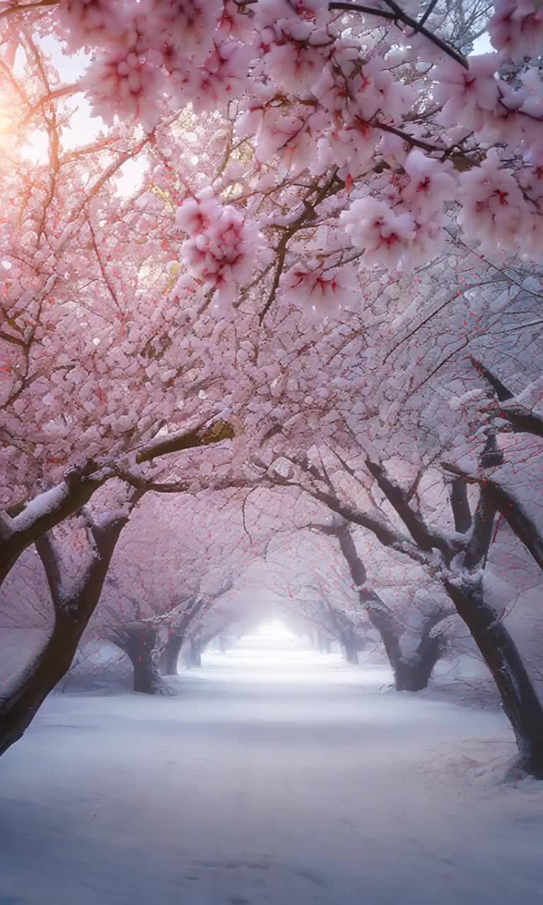 Colorful blossoms in radiant hues swaying softly under gentle summer breezes delicate snowflakes cascading softly blanketing the ground in velvety white graceful transition from vibrant blooms to serene stillness as seasons evolve harmoniously sundrenched gardens shifting to peaceful snowy backdrops beneath a shimmering winter sky mesmerizing timelapse illustrating natures enchanting journey capturing ephemeral beauty inviting viewers to experience the captivating magic of life unfolding in rhythmic harmony