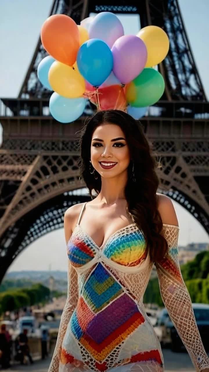 Graceful woman in a flowing gown with intricate lace details holding vibrant balloons Radiating joy as she releases them skyward against a stunning skyline of the Eiffel Tower Sunset colors paint the sky with hues of orange and pink creating a dreamy atmosphere filled with romance and wonder
