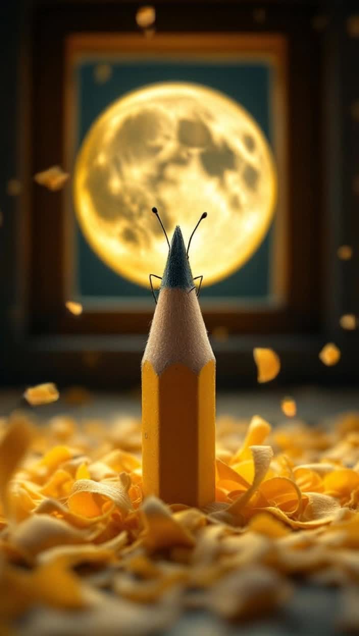 Point of view inside a hand crank pencil sharpener as a new yellow number 2 pencil is inserted, a bug foot grips the crank handle and the sharpening begins  It almost looks like a surprised face is forming in the shaving of the wood spiraling out from the turning grinding mechanism as the lead is bared in a fine sharp point      But no, the immediately terrified face is gone, shaved off as an echo of anguished noooo fades into tragic silence as the bug begins to whistle a jaunty tune,  through a window behind the bug a moon and its planet slowly rotate like the pencil sharpener blades around the pencil, creepy whistling and grinding of wood 