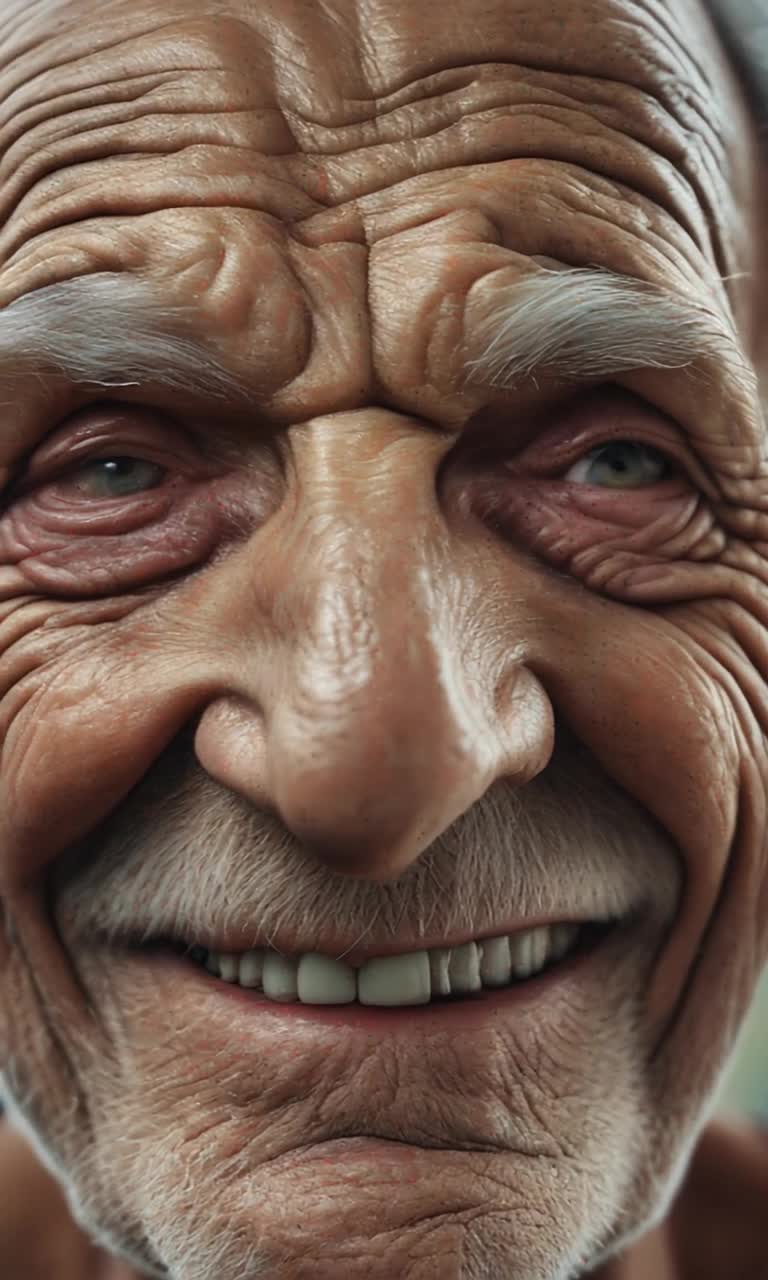 The very old man with incredible wrinkled skin smiles at the camera  