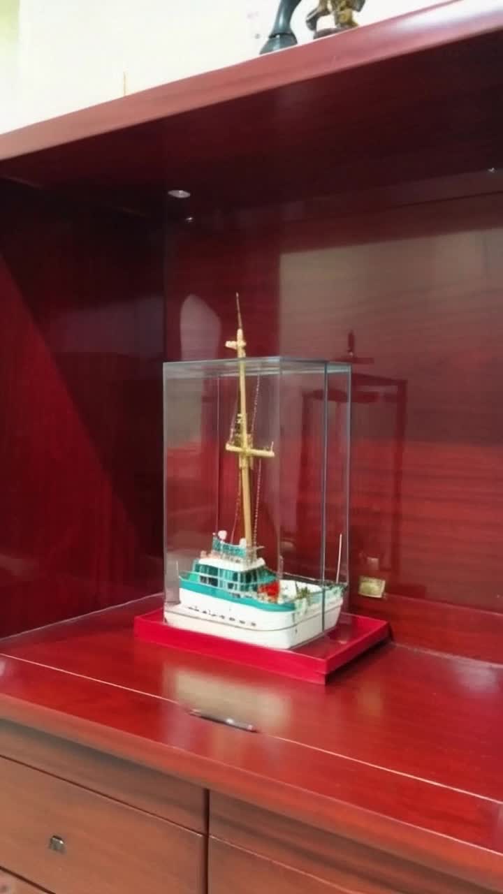 Freaking tiny ship in freaking clear glass jug displayed in a wood cherry red curio cabinet