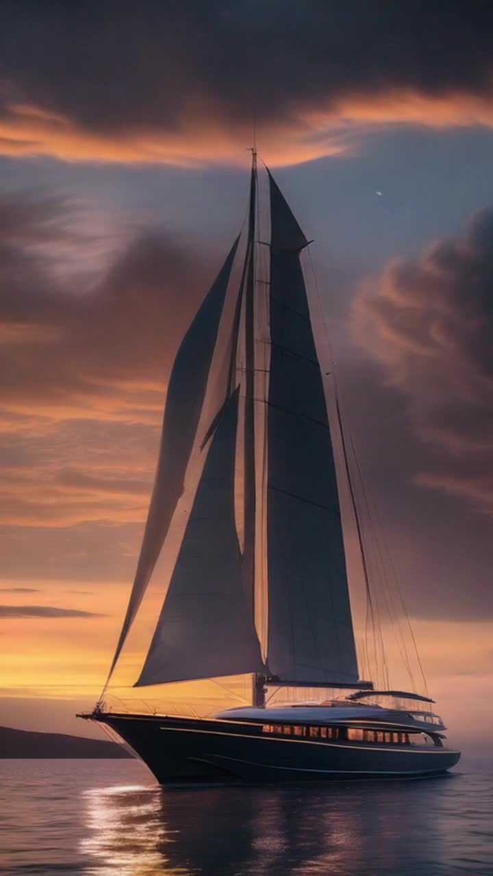 A huge yacht gently drifts, as sunset becomes twilight phosphorescent life glows just under the surface of the calm water reflecting the clouds and stars rippling under the night sky, the yacht transforms into a fast paced schooner and speeds out of view