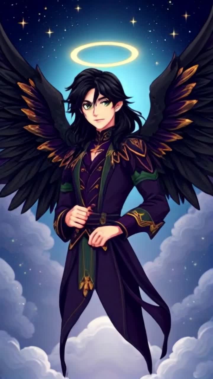 Male fallen angel with striking hazelgreen eyes fair skin and long black hair flowing to midback radiating confidence in a divine outfit of dark purple green and violet shimmering with gold feather details  Wings unfurling dramatically showcasing black feathers with gold accents creating a mesmerizing silhouette  Surrounded by a celestial expanse of twinkling stars and wispy ethereal clouds casting a magical glow illuminating the vibrant scene invoking admiration and intrigue