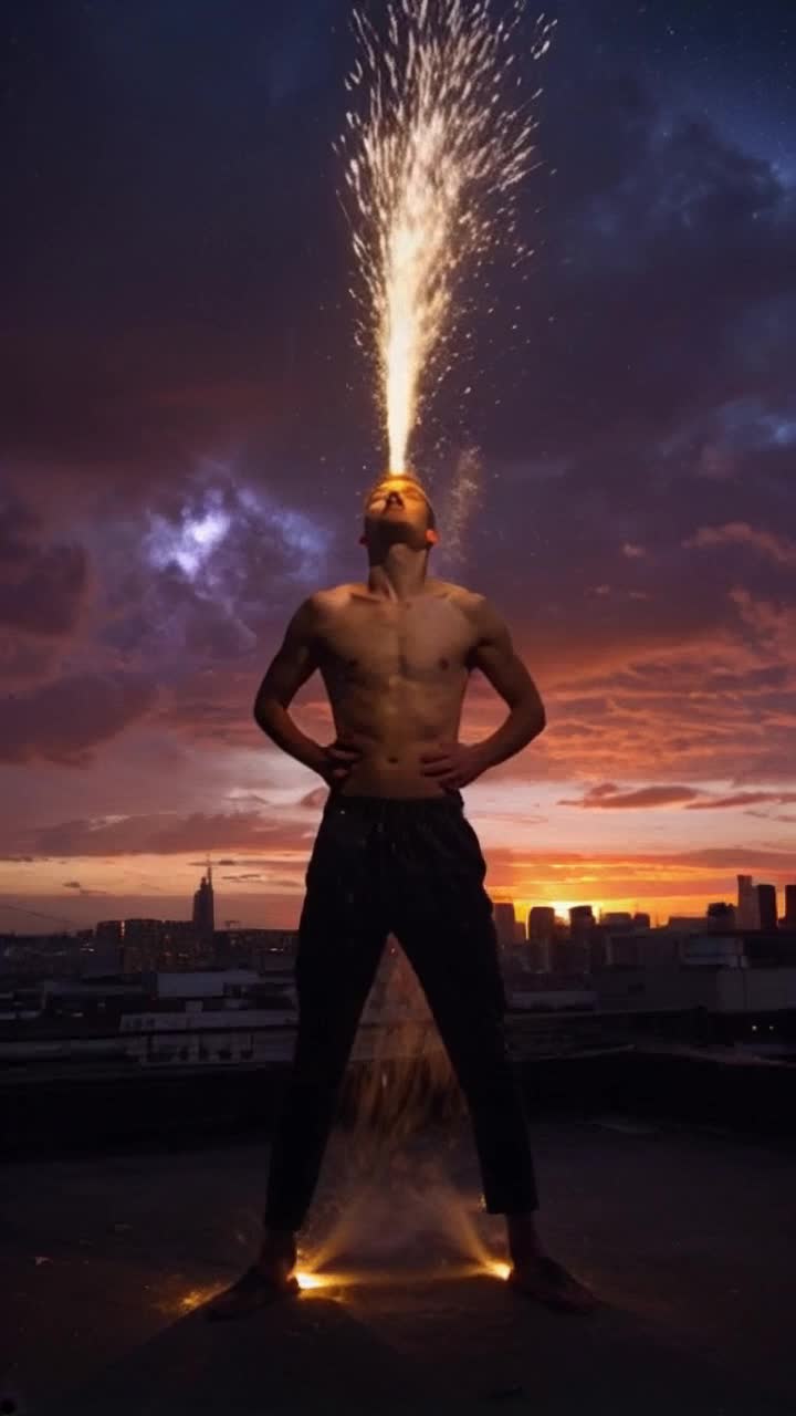Young man, eyes closed, face illuminated by ethereal light, energy swirling around him, pulse quickening, body vibrating with newfound strength. Surge of radiant energy flows into him, cascading waves of golden light enveloping him, awakening a dormant force deep within. Urban rooftop at dusk, city skyline silhouetted against a vibrant sunset, clouds painted in hues of orange and purple, distant sounds of a bustling city fading into serene silence. Stars begin to twinkle overhead, hinting at an infinite cosmos, as the energy ignites a transformative aura, casting an enchanting glow that radiates outward into the night