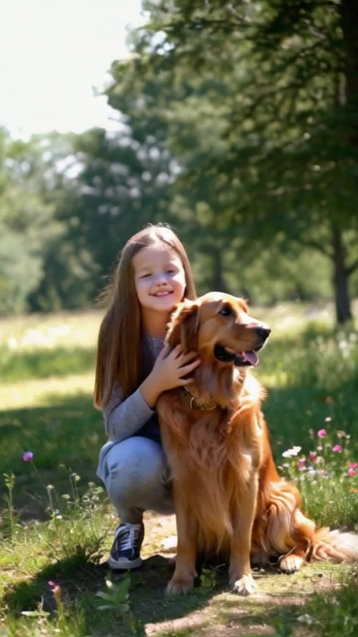  girl with flowing chestnut hair kneels beside her playful golden retriever eyes sparkling with joy and affection She animatedly gestures with her hands speaking eagerly to her furry friend who tilts his head in curiosity Sunlight filters through lush green trees casting playful shadows on their faces A gentle breeze rustles leaves while birds chirp a soft melody overhead Vibrant wildflowers bloom nearby adding bursts of color to this heartwarming scene creating a perfect moment of companionship and connection