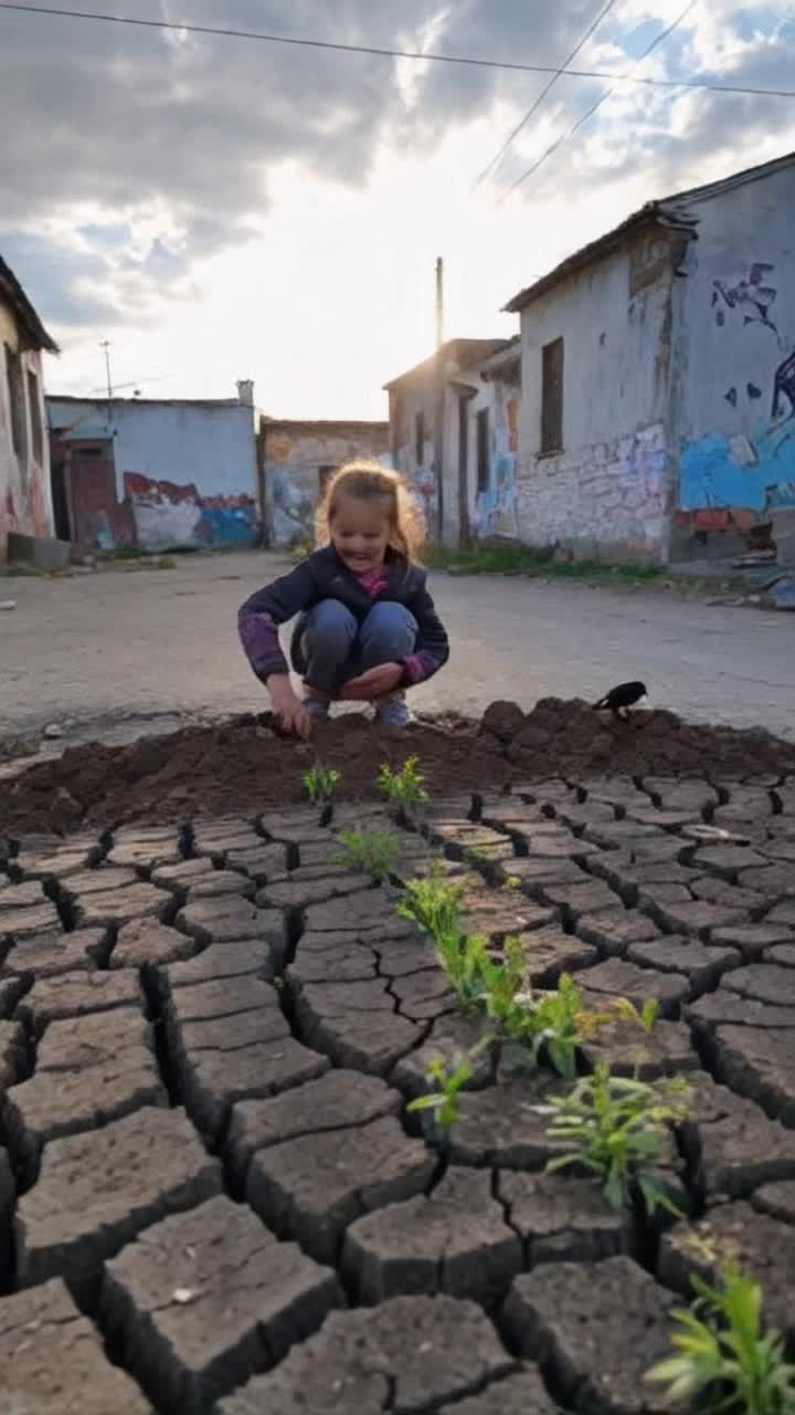 Young girl with tangled hair kneeling in cracked earth surrounded by weary buildings faded paint peeling away inviting neighbors with warm smile to join her planting tiny seeds into barren soil vibrant patches of green sprouting against desolation sun breaking through gray clouds casting soft light illuminating hope in neglected streets faded murals telling stories of resilience backdrop of whispers from the neighborhood birds perched on wire overhead observing the transformation unfolding new life emerging from forgotten places bringing joy laughter to the air
