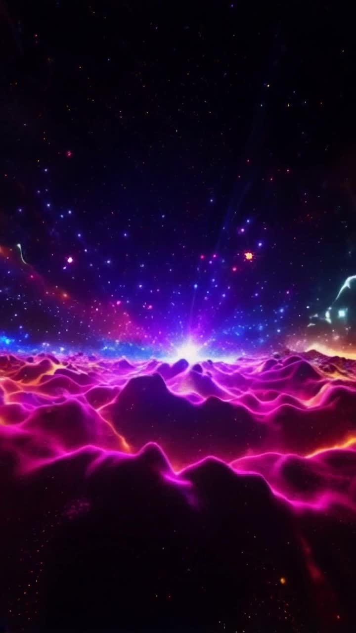 Colorful abstract shapes swaying gently in rhythm multiplying and intertwining mesmerizingly a dreamlike digital landscape shimmering with vibrant hues pulsating lights in a cosmic setting filled with stars and soft glows energy flowing through radiant waves enveloping the scene