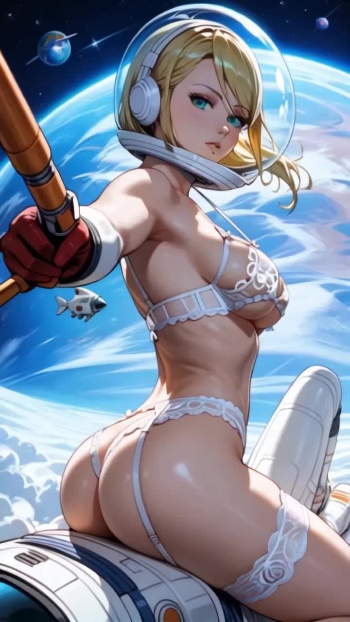 a beautiful woman sitting on a satellite as it Flys through outerspace orbiting the globe, fast motion camera locked on female subject,jiggling chest, holding on tightly 