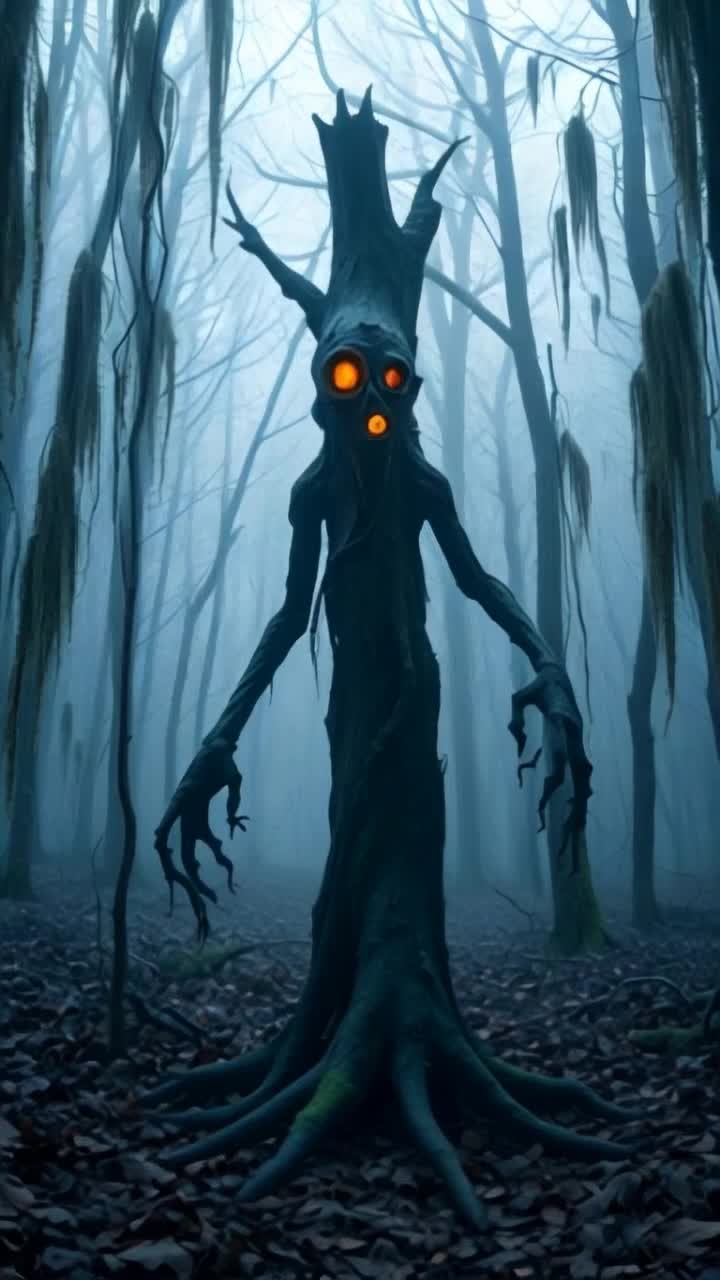 Cryptid creature the Creaking, raising its arms and swaying, tree dance 
