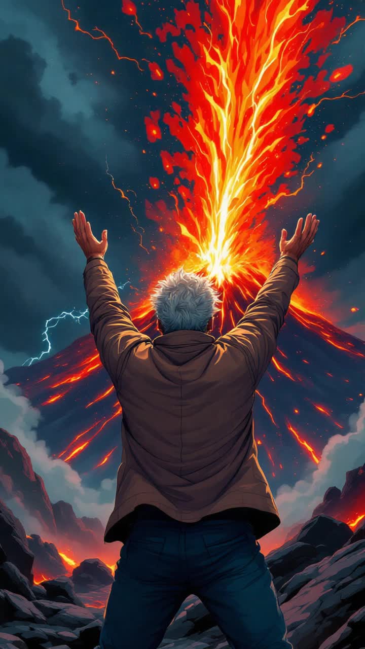 Grey haired hispanic man in his 50s holding his hands in the air to stop an erupting volcano