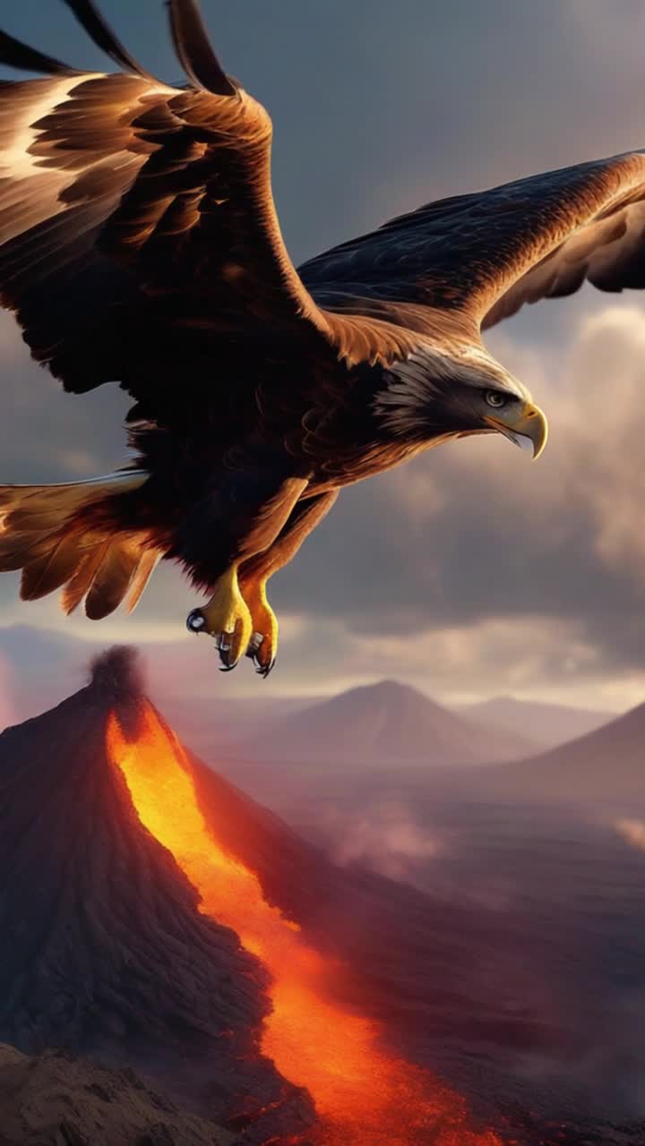 Majestic brown eagle soaring gracefully wings outstretched vibrant plumage glistening in sunlight volcanic ash billowing around lava spewing dramatically from fiery crater camera tracking eagles flight effortless gliding through clouds vivid colors painting the sky cartoonish visual flair enchanting atmosphere mixed with excitement ash clouds swirling behind intense heat radiating creating a mystical ambiance wonderment filling scenes eagle soaring toward distant horizon escaping chaos behind thriving lush landscape unfolds below dramatic juxtaposition of natures beauty and power capturing breathtaking journey chasing freedom