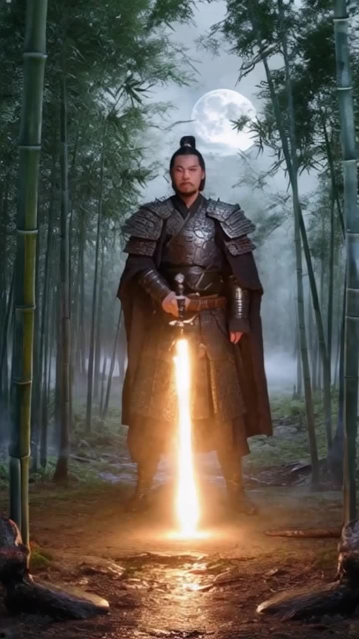 Fierce samurai adorned in intricate armor lunges forward with majestic precision wielding radiant Kundalini Sword of Energy shimmering with vibrant colors releasing waves of kinetic energy Unleashing a storm of high-frequency attacks that slice through thick mist enveloping ancient bamboo forest glistening with dew illuminated by ethereal moonlight casting dynamic shadows over tranquil ground
