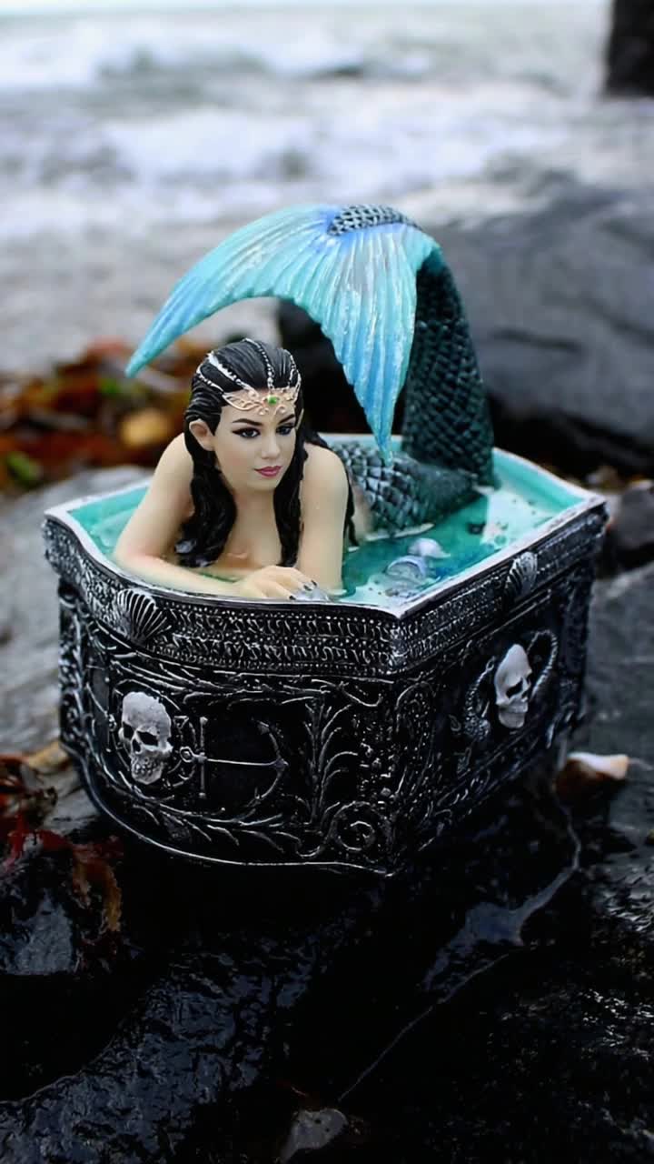 Delicate shimmering mermaid with iridescent scales lounging in a glass box overflowing with crystal clear water Her gossamer fin gliding gracefully back and forth while she exhales soft bubbles Silvery strands of hair drifting like seaweed around her enchanting face Surrounded by colorful coral formations and twinkling seashells casting reflections in the sundappled water Illuminated by warm golden rays filtering through the glass creating a serene underwater paradise