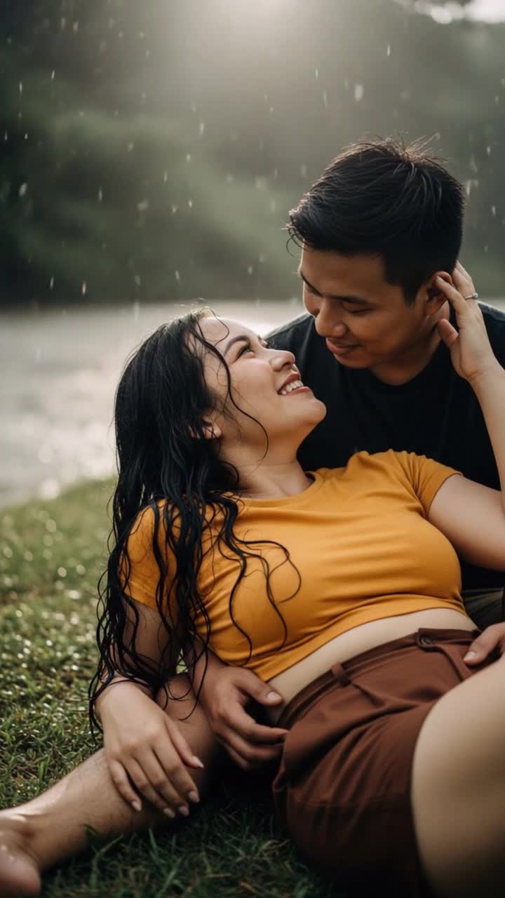 mans hand massaging womans chest, very heavy rain