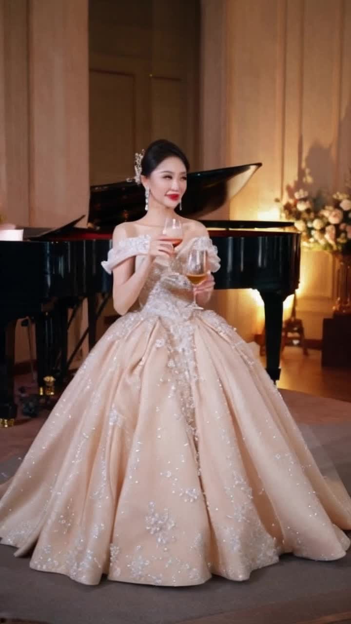 Graceful woman dressed in an exquisite gown radiating sophistication Savoring gourmet dishes with delicate gestures Surrounded by opulent decor dim candlelight glimmering on polished silverware serene melodies of a live piano creating an intimate atmosphere