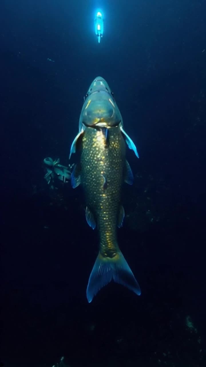 Colossal golden goldfish with shimmering scales gliding gracefully upward Emerging from the dark depths of the Mariana Trench where shadows lurk and ancient secrets hide Passing a sleek silver submarine dwarfed in size by the aquatic giant surrounded by swirling currents and bioluminescent sea creatures illuminating the abyss with gentle glows
