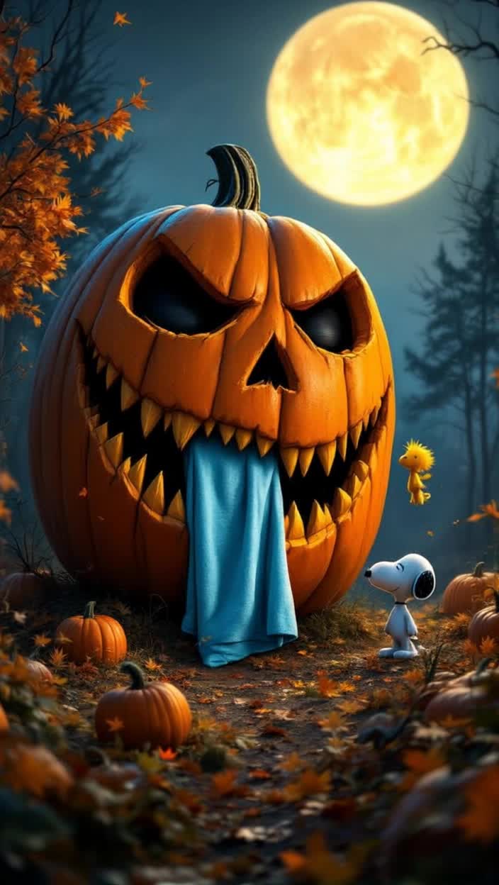 The biggest, scary carved jackolantern in the pumpkin patch has the light blue blanket of Linus stuck between its pointy pumpkin teeth and hanging half out of its mouth, Snoopy and his little yellow bird friend, Woodstock standing on Snoopys head,  witnessed, and are shocked, simply shocked as the Great pumpkin seems to be sleeping,  The blue blanket falls out of the scary jackolantern mouth and blows away on the wind as the dark woods surrounding let loose colorful Autumn leaves under a very well lit full moon , a gothic dark Peanuts satire