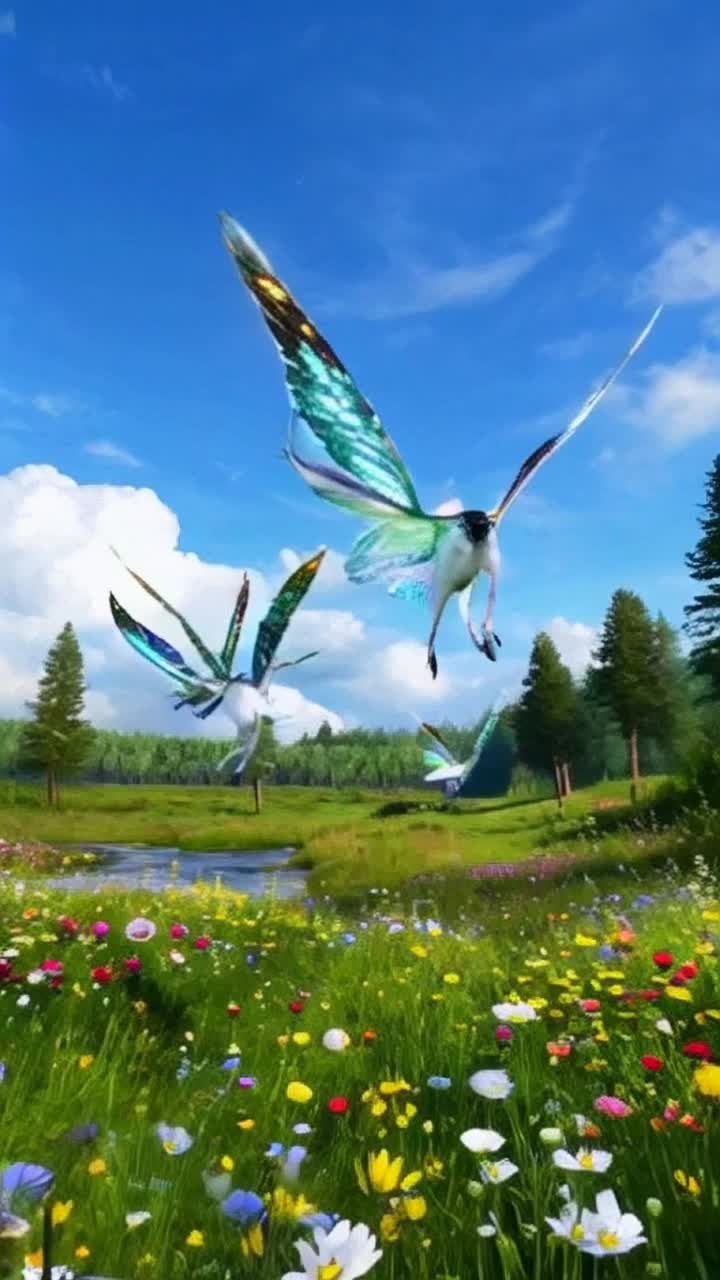 Whimsical flying creatures with iridescent wings flutter gracefully through a sundrenched meadow filled with vibrant wildflowers Dancing playfully on the warm breeze beneath a clear blue sky dotted with fluffy white clouds A gentle stream flows nearby reflecting shimmering sunlight while tall trees sway softly in the background creating a serene atmosphere full of life and color