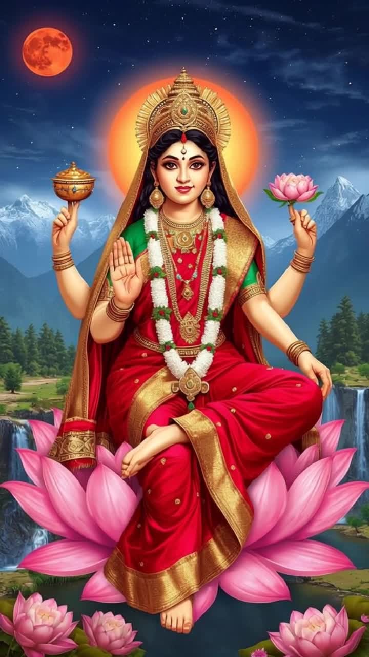 Make cinematic style video as goddess Lakshmi smiling gently, hairs swaying, moving hands gently,lots of shiny  gold coins falling from top and from right palm of goddess Lakshmi, flower moving, create video with cinematic style Camera movements