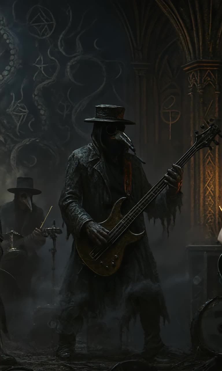 A dark gothic metal band bobbing heads rapidly and unison as they plays an erroneous point truth of deception in melodic irony, explosion of amazing gothic style pyrotechnics displays behind and around the band as they perform in eerie spectacle